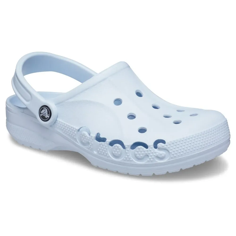 Detalhe interno da babuche Crocs azul mineral mostrando espuma confortável